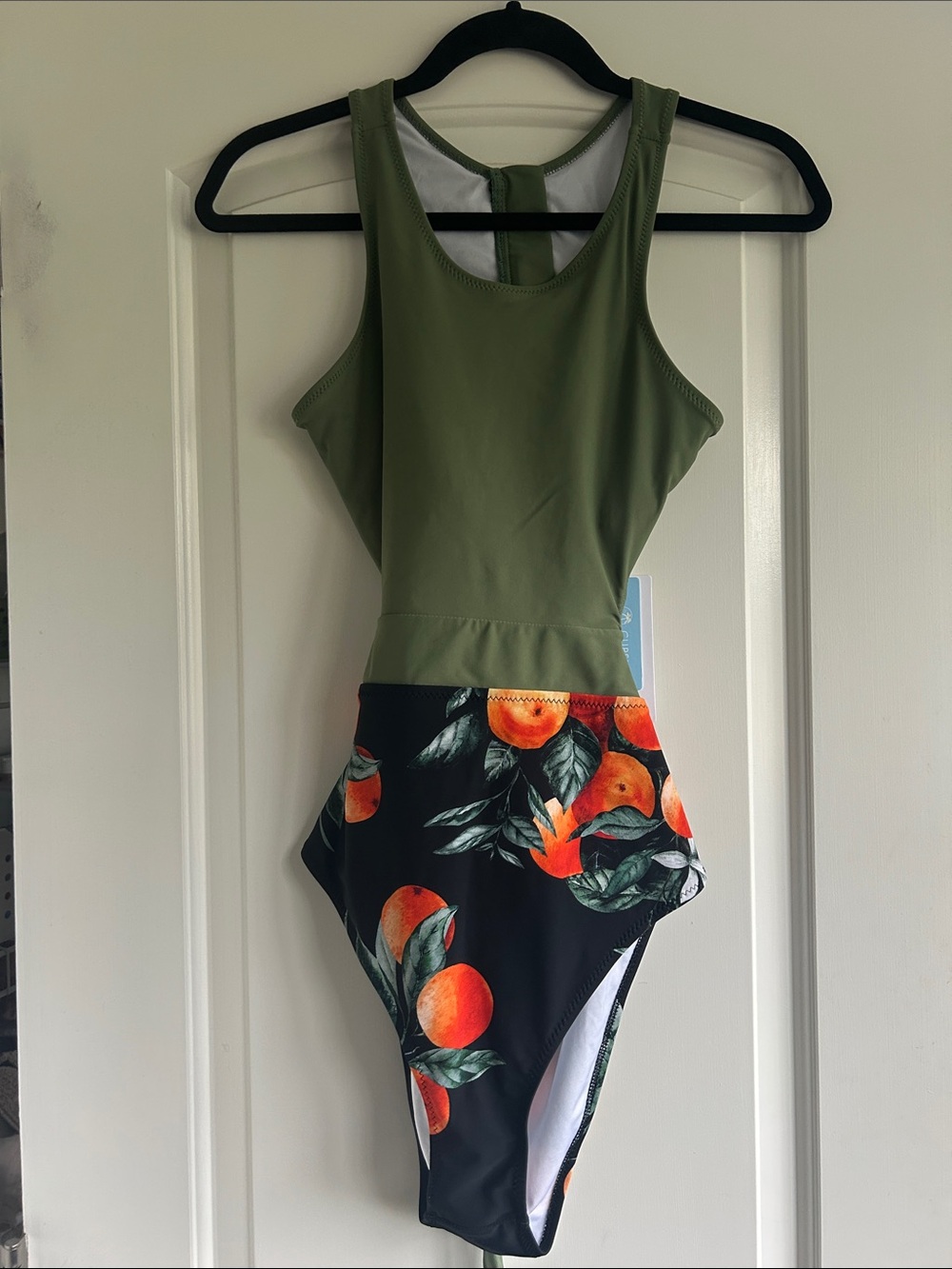 Cupshe Olive Green One-Piece Swimsuit with Black Orange Fruit Print Skirt
